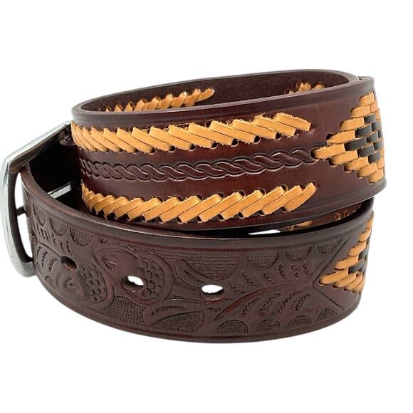 Brown Leather Mens 36 Western Belt Tan Dk Brown Stitching Southwest Rodeo Cowboy - Picture 4 of 6